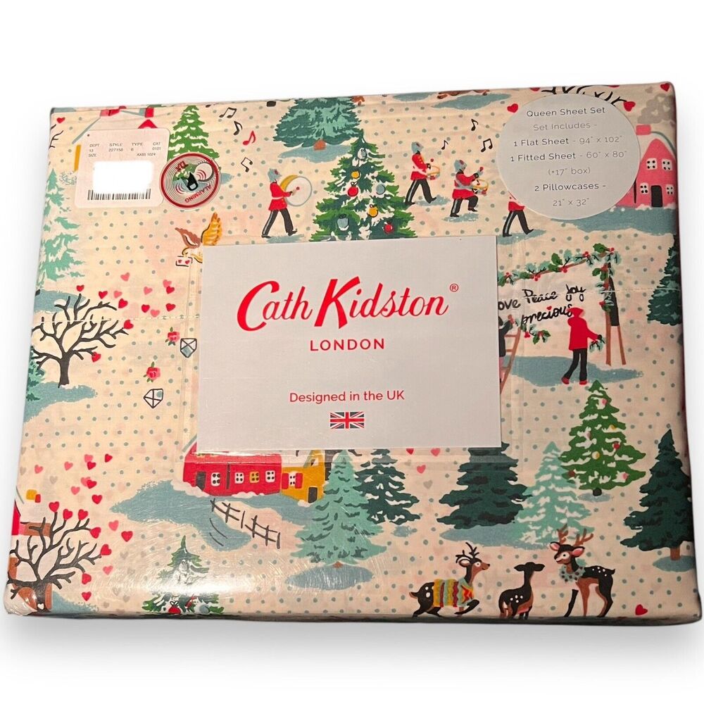 Cath Kidston London 4 pc Queen Shine Bright Christmas Village Sheet Set Cotton
